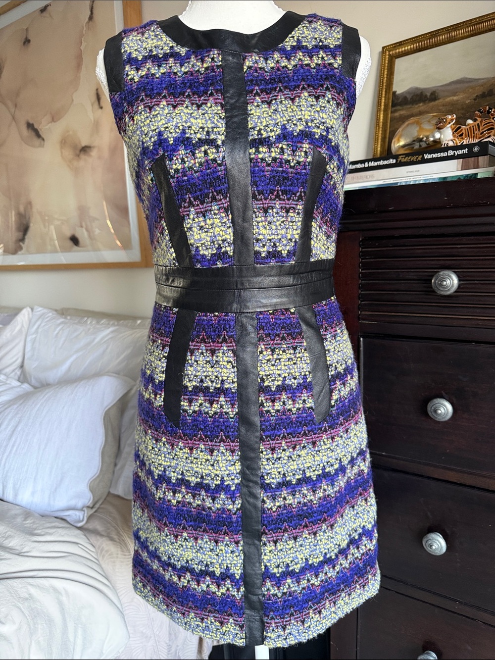 MILLY Sleeveless Purple & Yellow Wool Sheath Dress with Soft Leather Trim